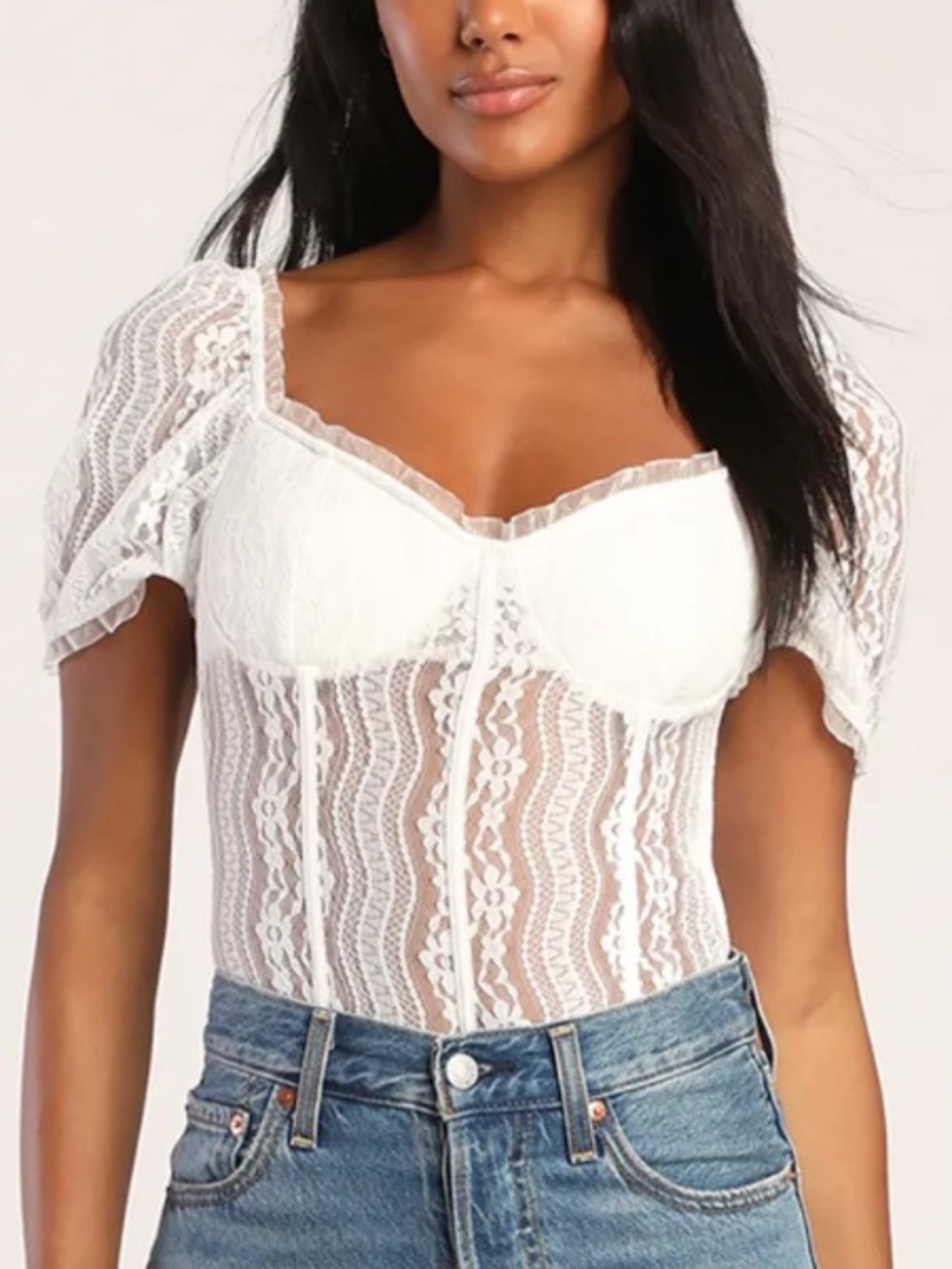 Lulus Feeling Flirtatious White Lace Puff Sleeve Bustier Bodysuit